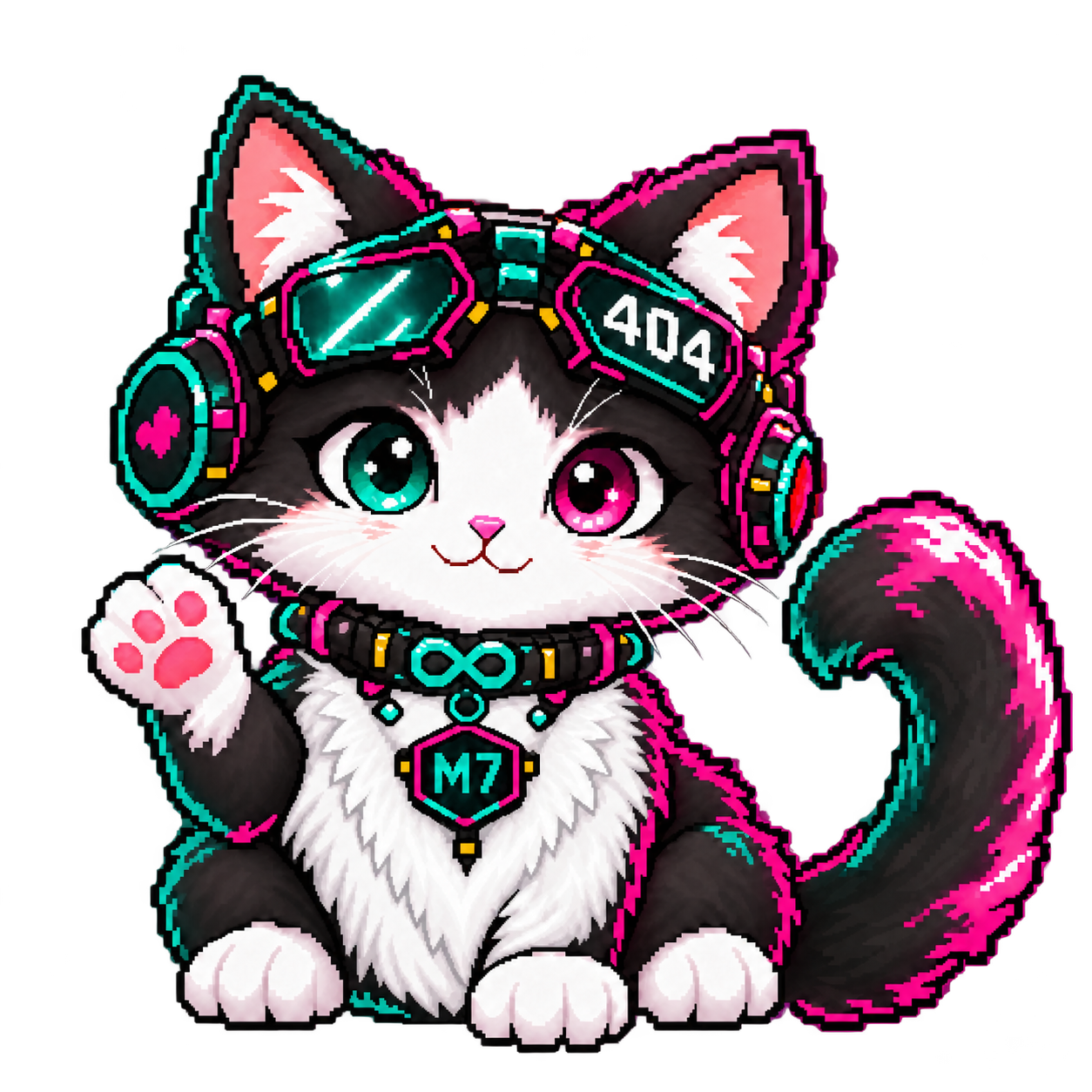 Gato404, el asistente virtual de Módulo7 en semi-pixel art, saluda con una patita levantada.